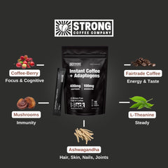 Strong Coffee Company close-up of instant granules highlighting quick dissolve