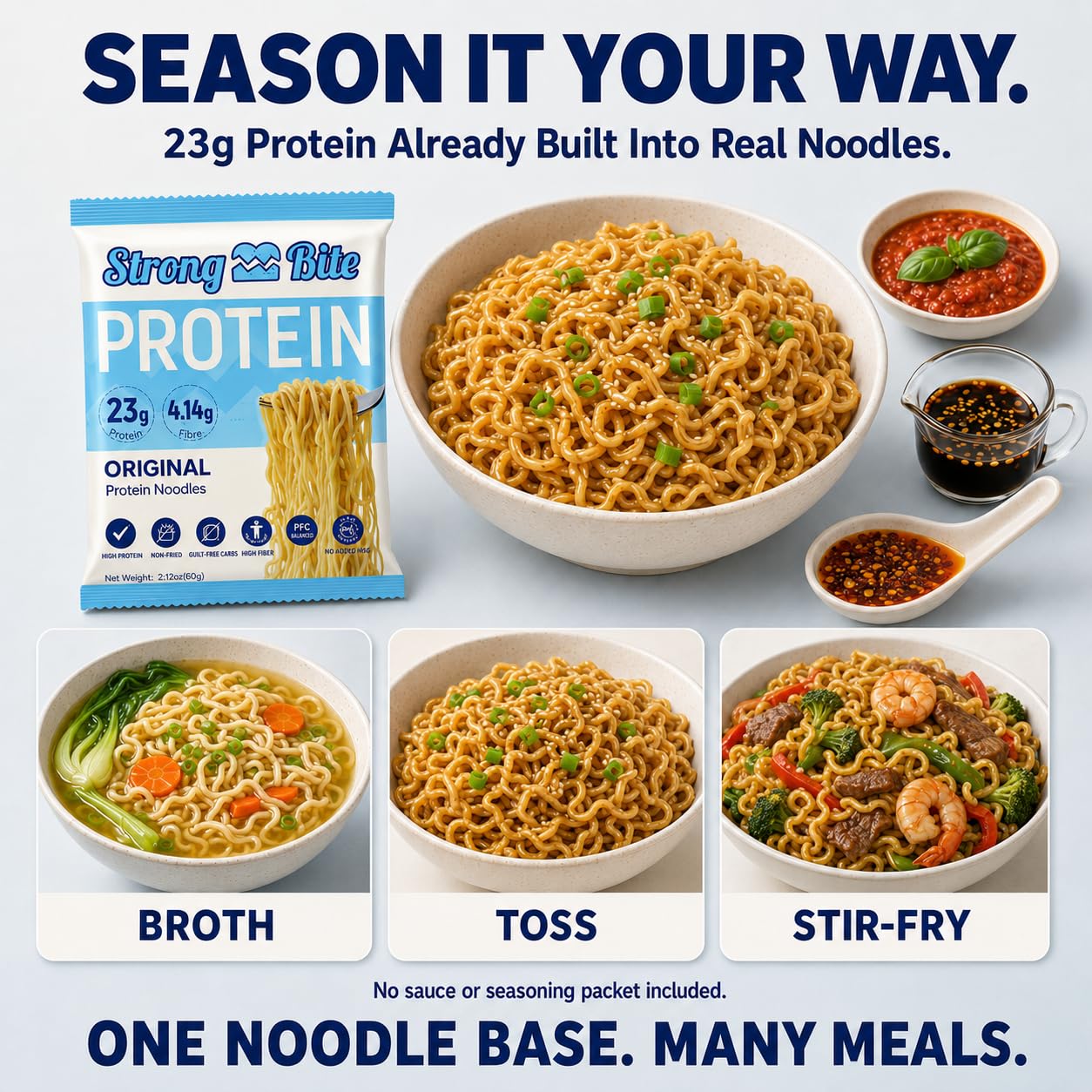 Close-up of cooked StrongBite noodles highlighting texture and satisfying chewability