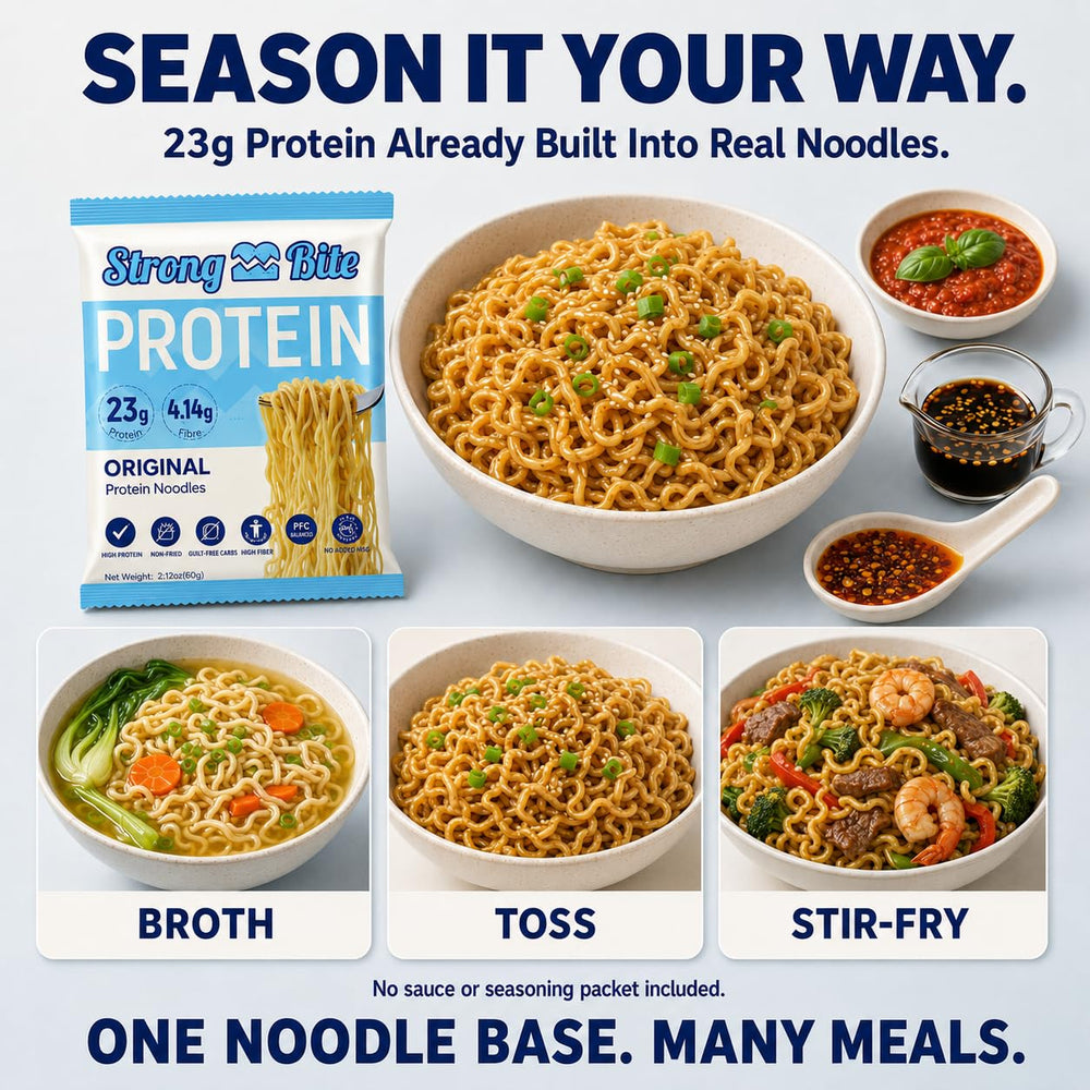 Close-up of cooked StrongBite noodles highlighting texture and satisfying chewability