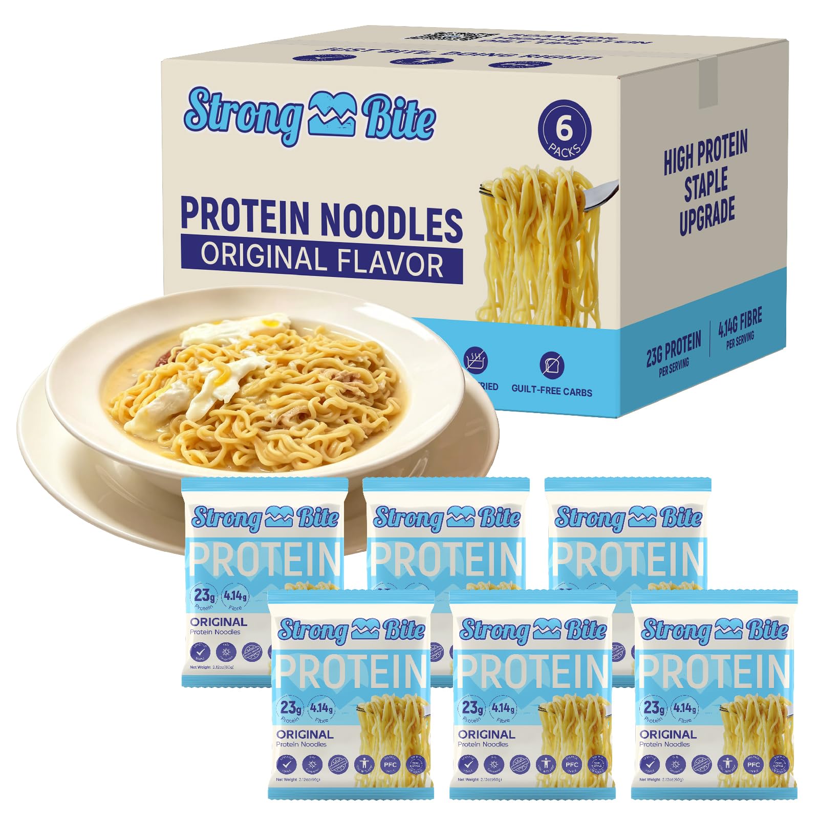 StrongBite front packaging showing six individual high-protein noodle packs and branding benefit