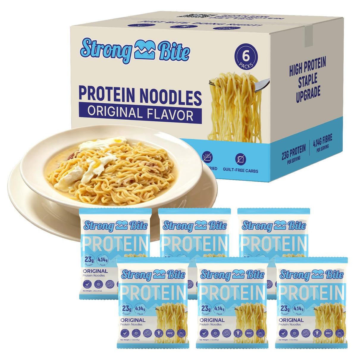 StrongBite front packaging showing six individual high-protein noodle packs and branding benefit