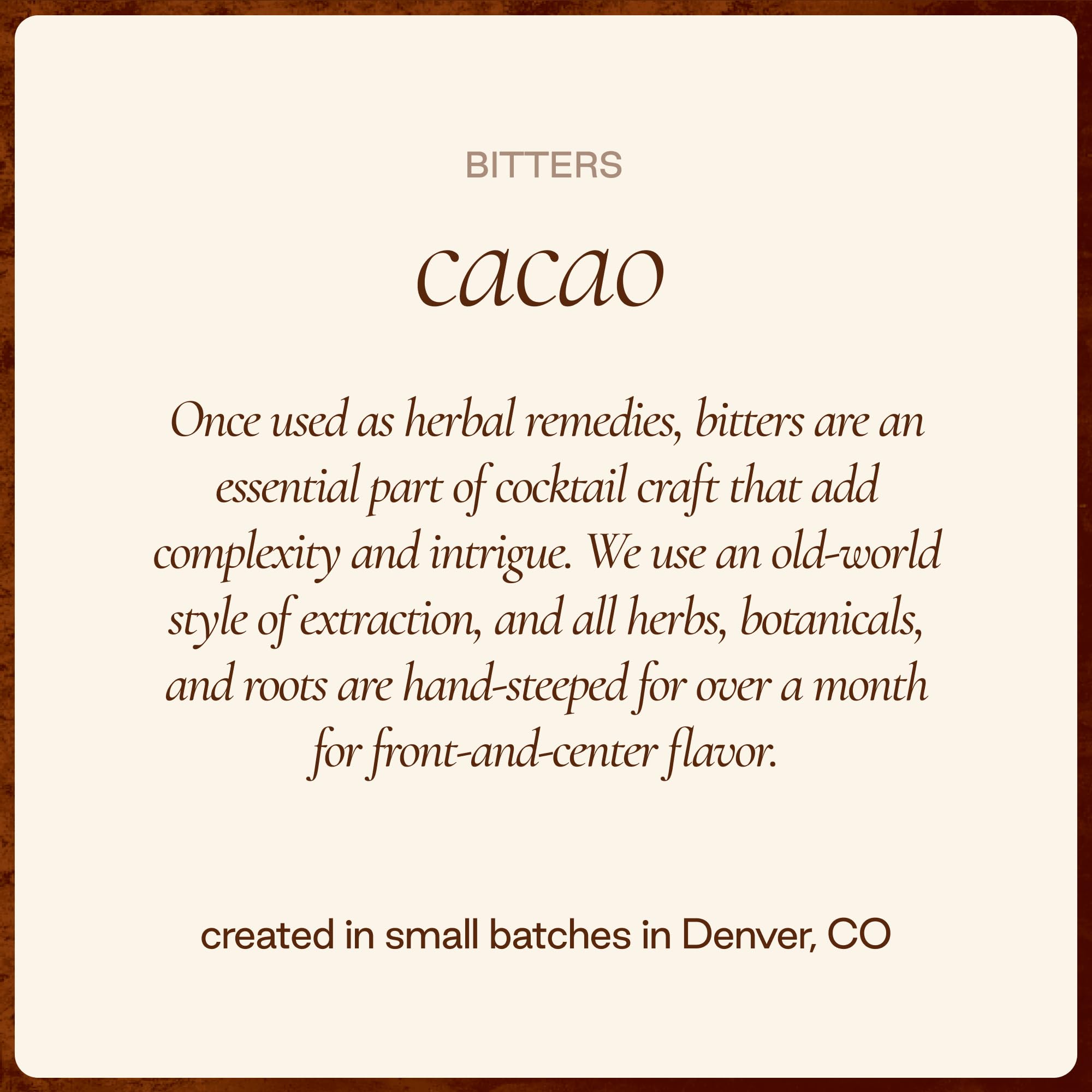 Dash of Strongwater Cacao Bitters falling into a mixing glass for richer aroma