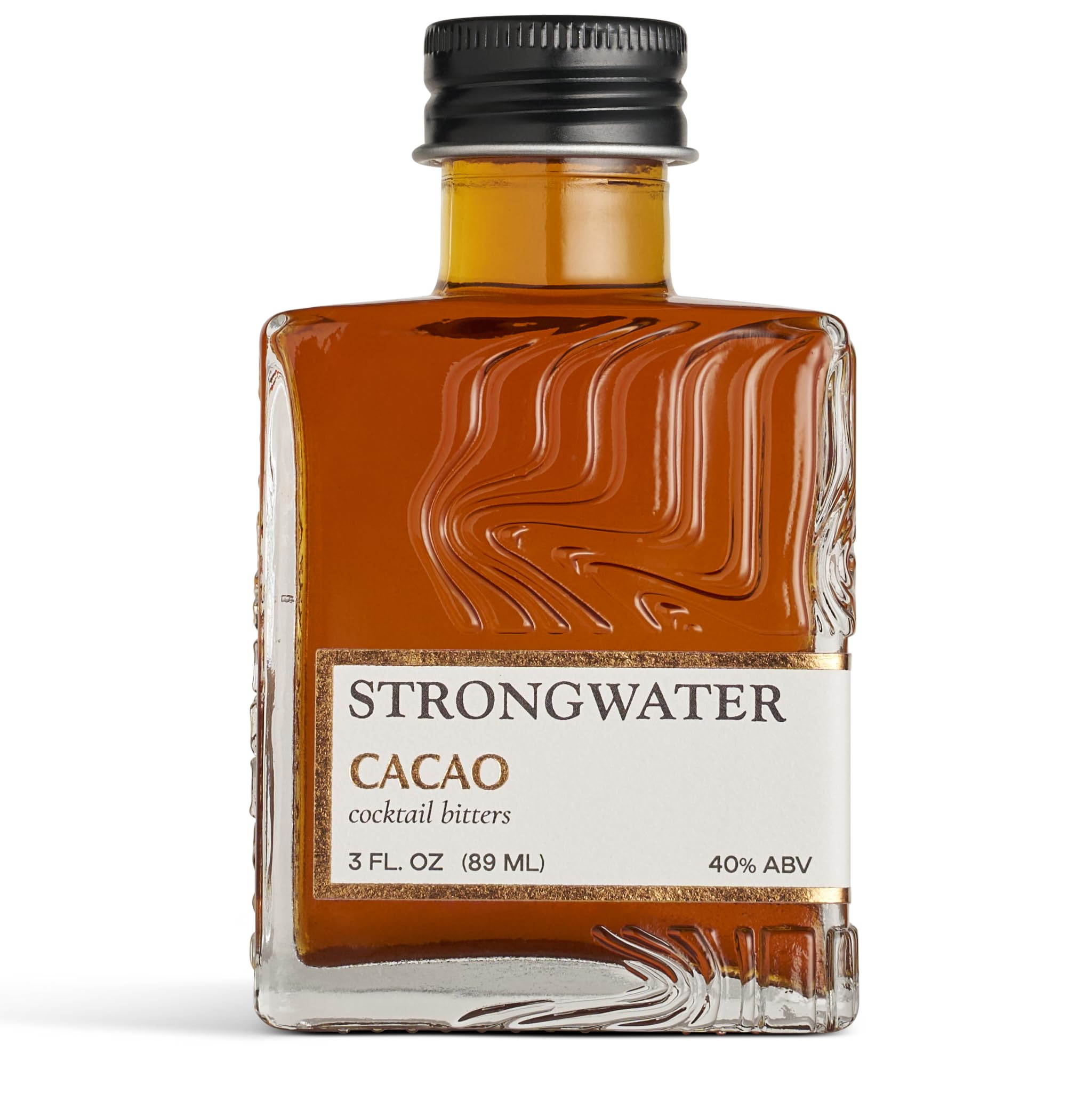 Strongwater bottle front view showing cacao bitters and bar-ready presentation