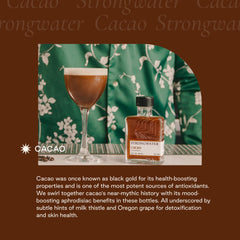 Roasted cacao nibs close-up beside bottle showing Strongwater chocolate flavor