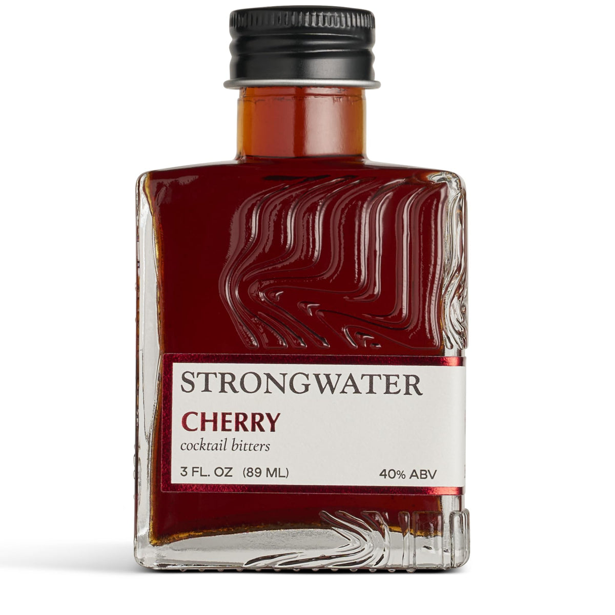 Strongwater bottle front view showing cherry bitters and premium packaging benefit