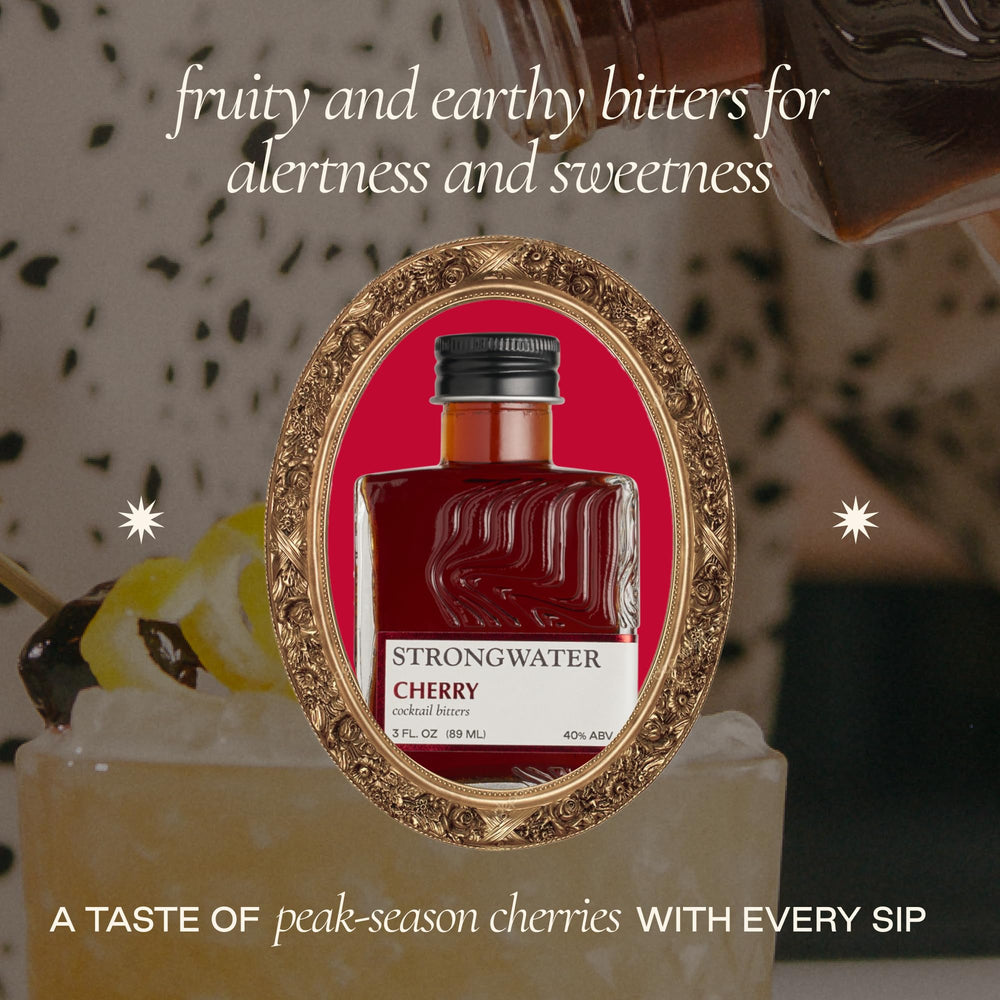 Close-up of Strongwater label highlighting ingredients and small-batch quality