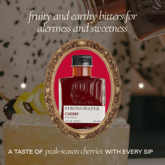 Close-up of Strongwater label highlighting ingredients and small-batch quality