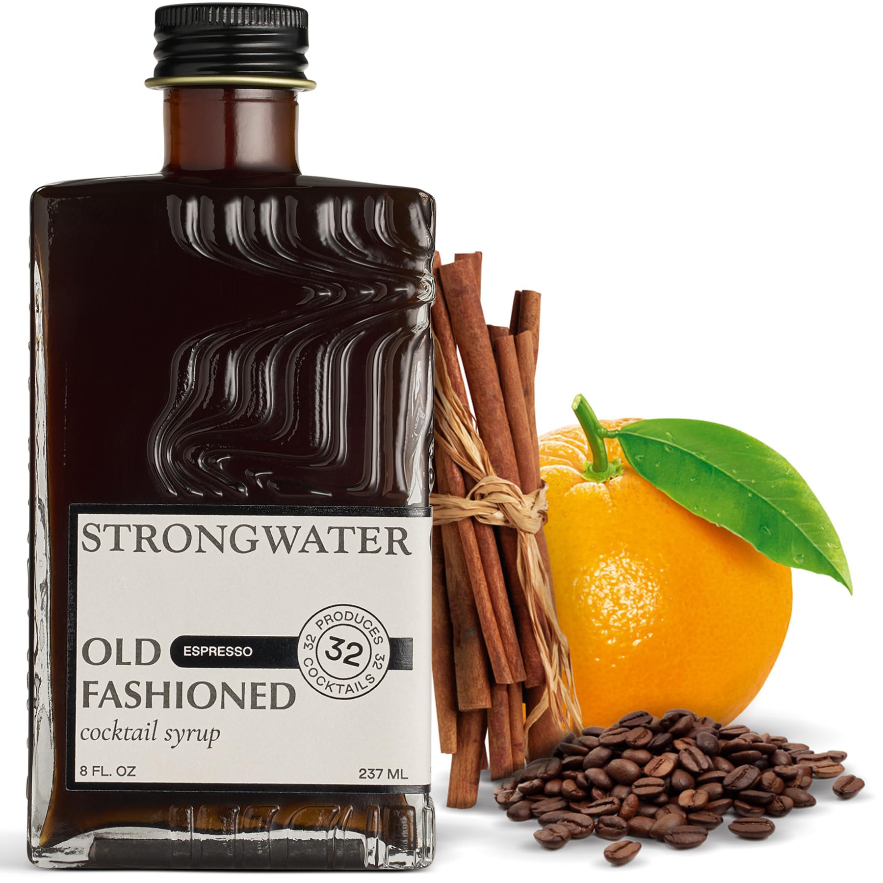 Strongwater bottle front packaging showing espresso Old Fashioned mix for easy cocktails