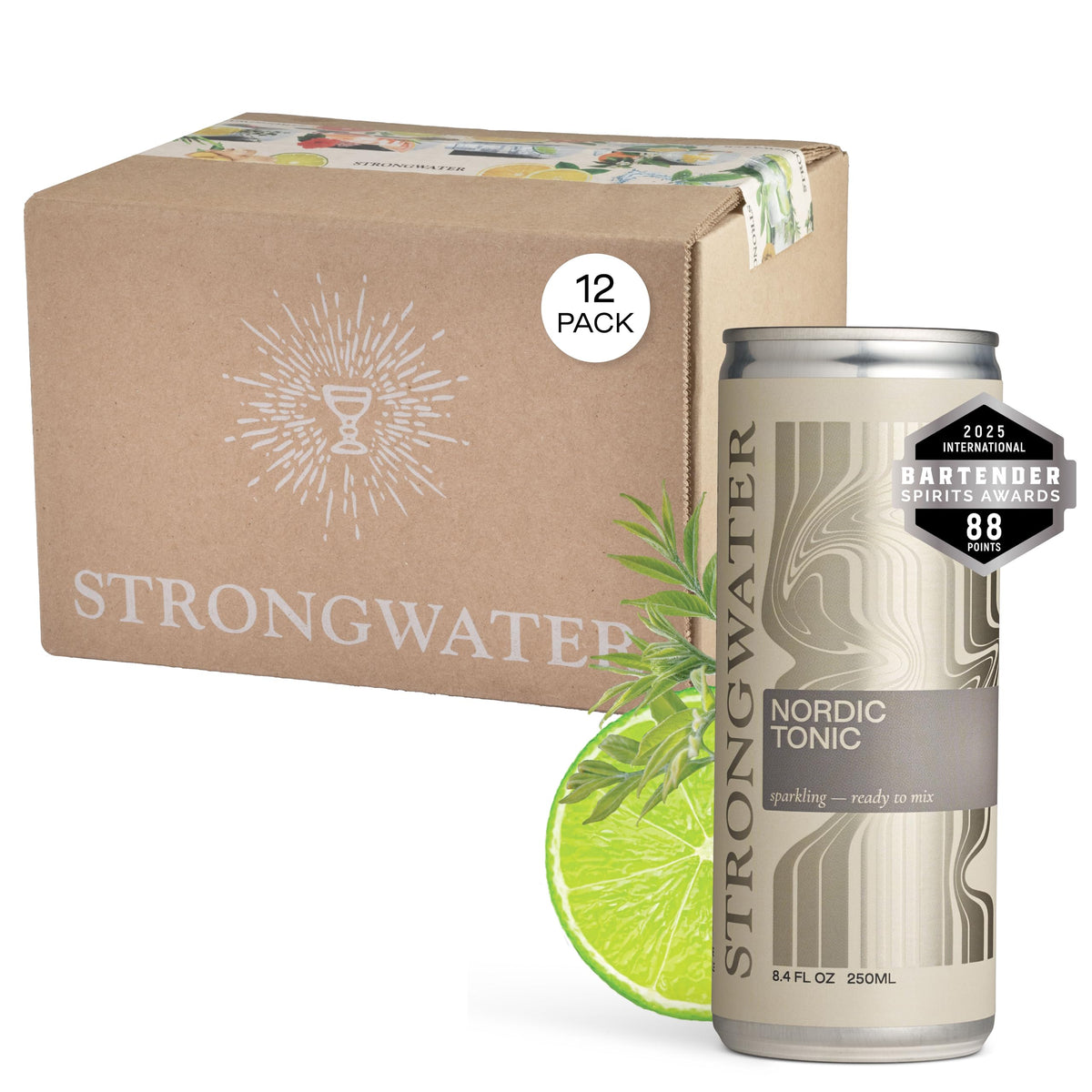 Strongwater Nordic Tonic front packaging showing clean branding and serving benefit