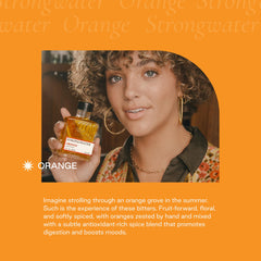 Amber bottle close-up of Strongwater bitters showing color and texture benefit