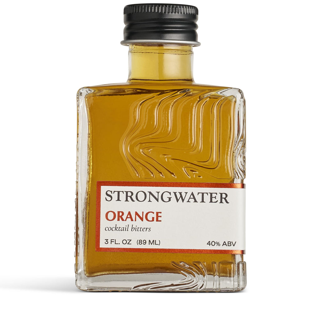 Strongwater bottle front view showing label and size, enhances cocktail flavor