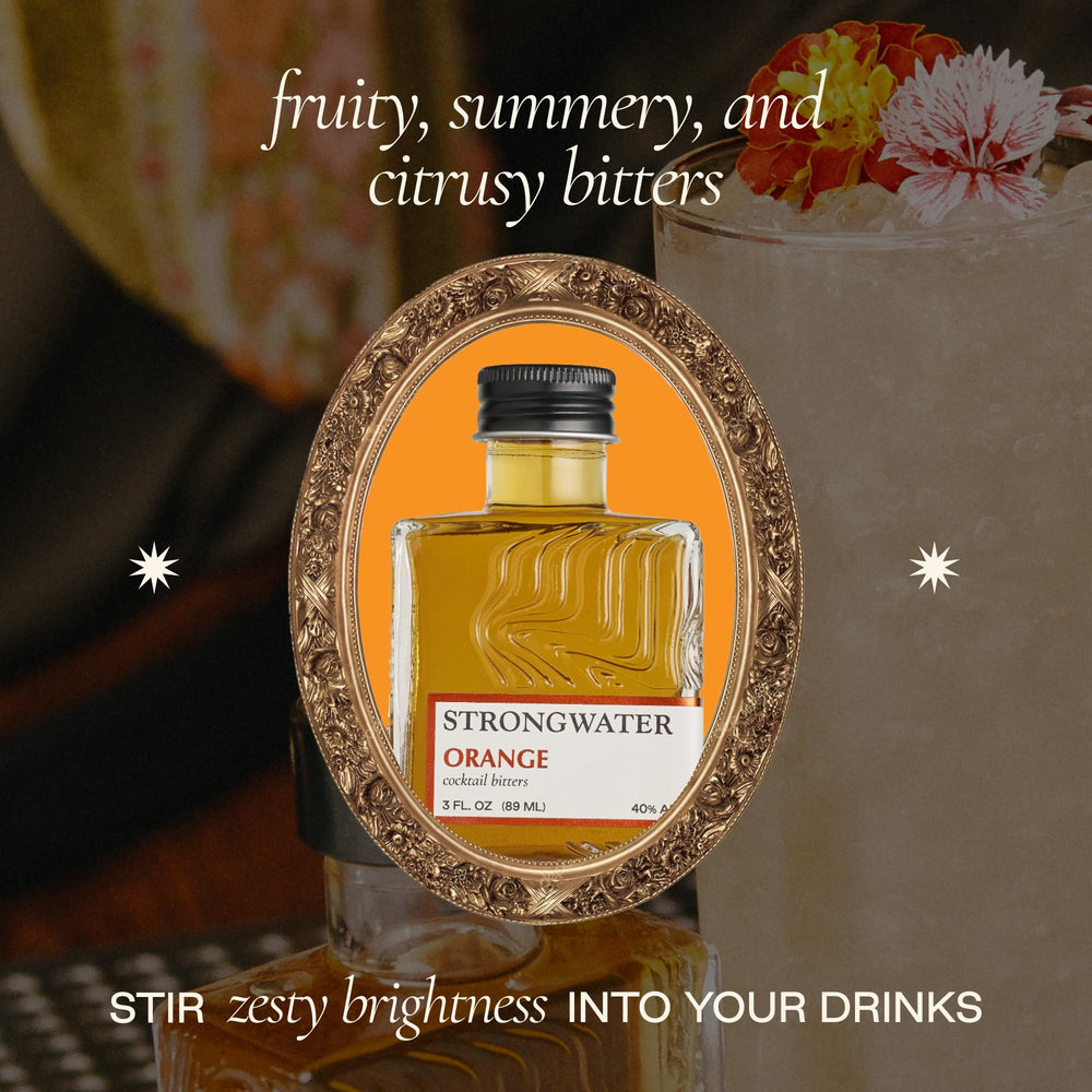 Close label detail of Strongwater orange bitters, highlights handcrafted ingredients
