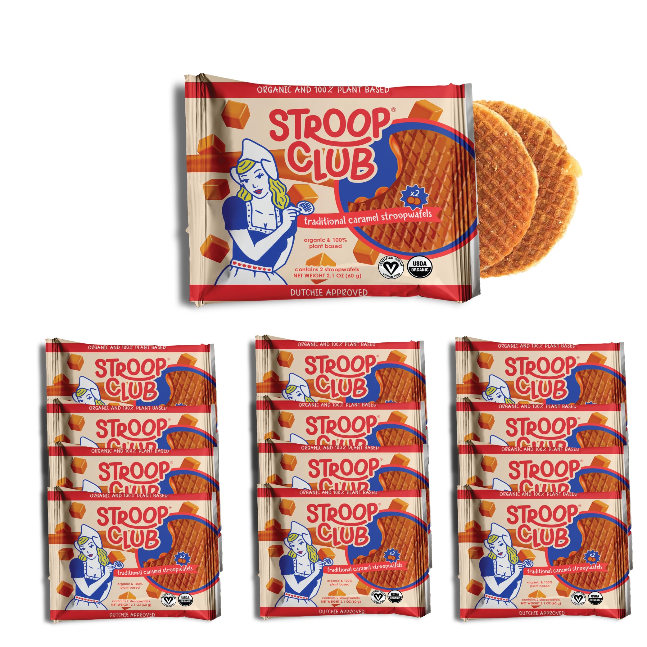 Stroop Club front packaging showing organic vegan stroopwafels, convenient grab-and-go benefit
