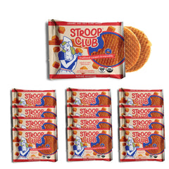Stroop Club front packaging showing organic vegan stroopwafels, convenient grab-and-go benefit