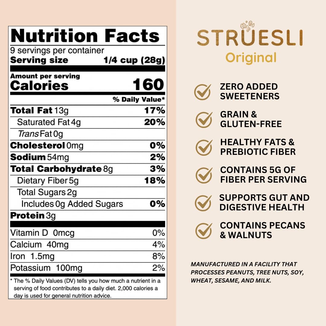 Struesli close-up texture highlights crunchy nuts and seeds for satisfying bite
