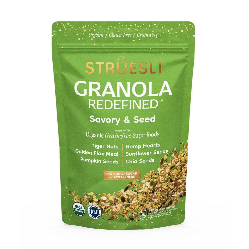 Struesli front packaging showing savory seed granola and organic label benefits