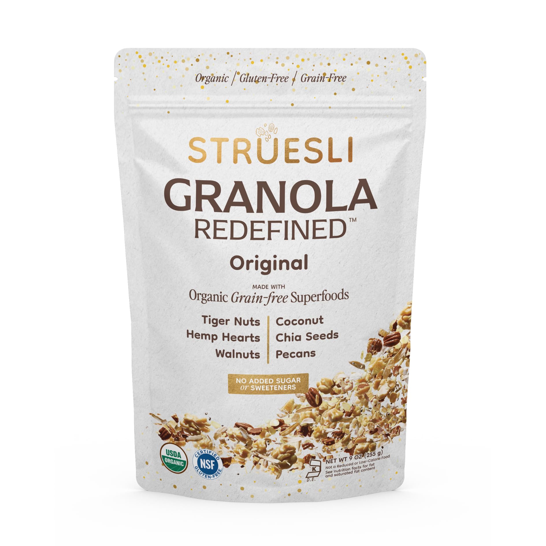 Struesli front packaging shows brand and organic grain-free snack benefits