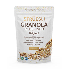 Struesli front packaging shows brand and organic grain-free snack benefits
