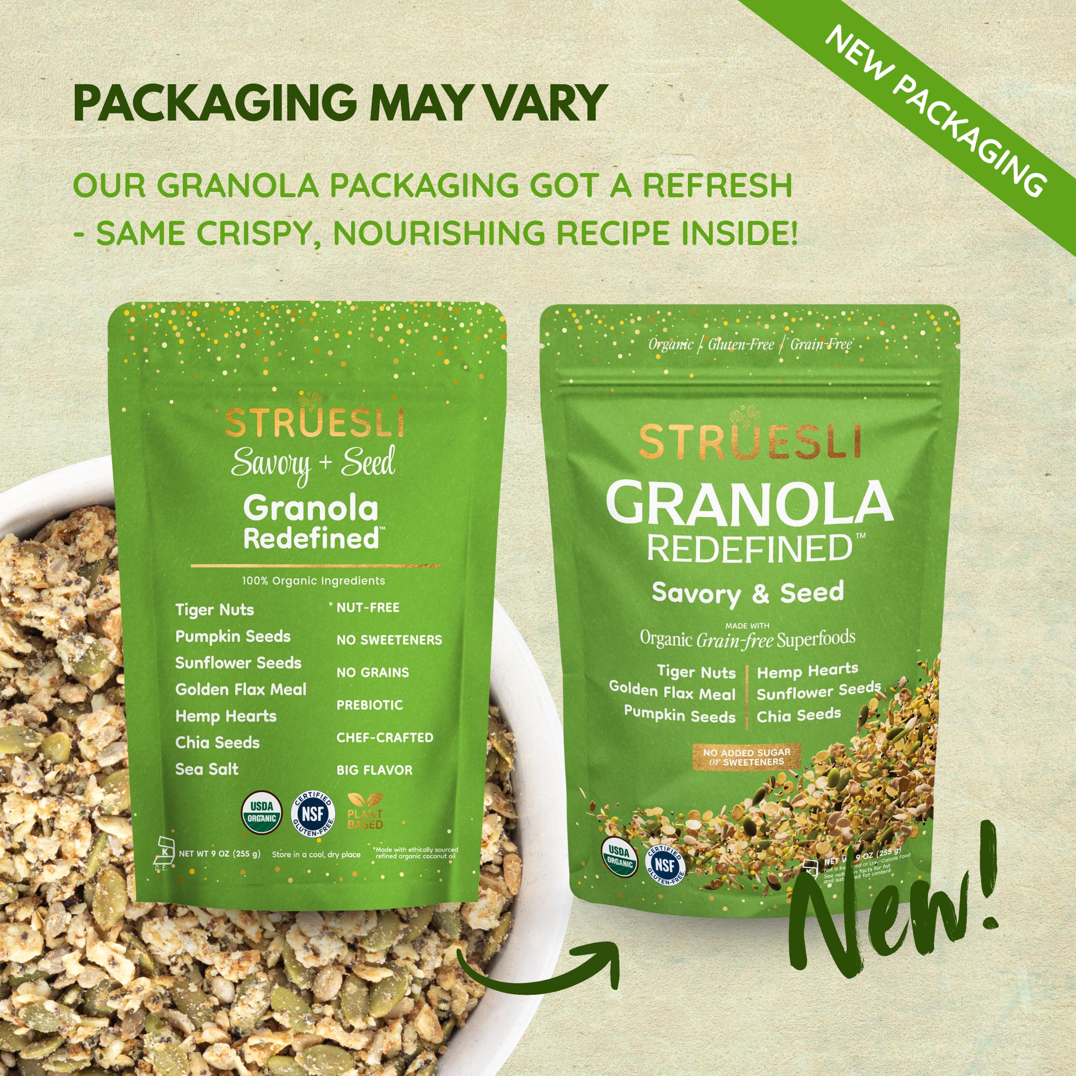 Struesli nutrition label and ingredients view showing organic, clean ingredient transparency