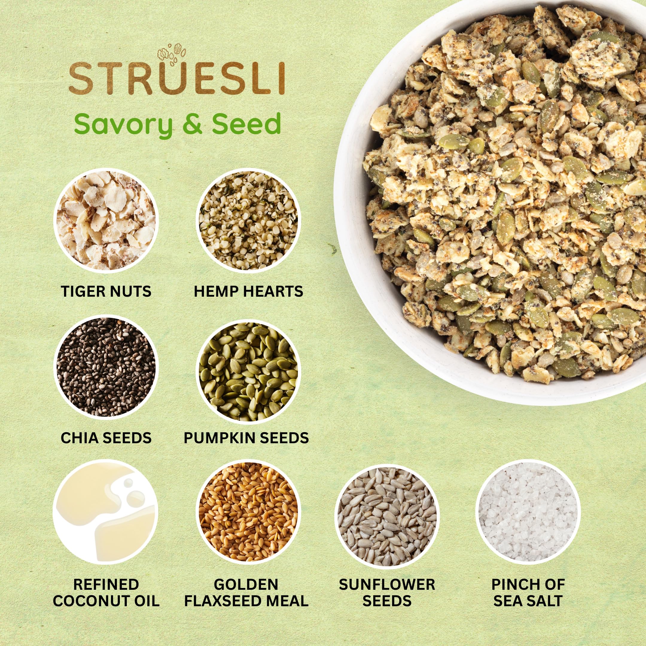 Struesli sprinkled on salad showing Struesli adding texture and seed protein
