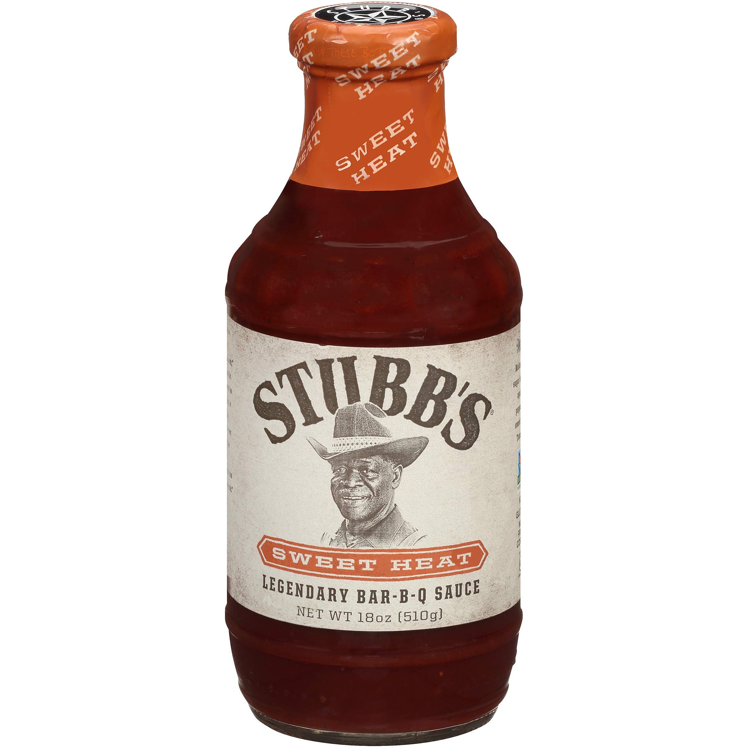 Stubb's bottle front label showing Sweet Heat flavor and 18 oz size benefit