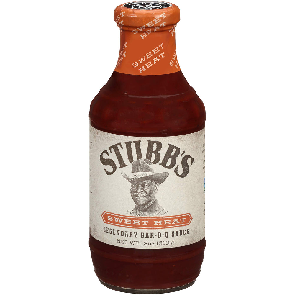 Stubb's bottle front label showing Sweet Heat flavor and 18 oz size benefit