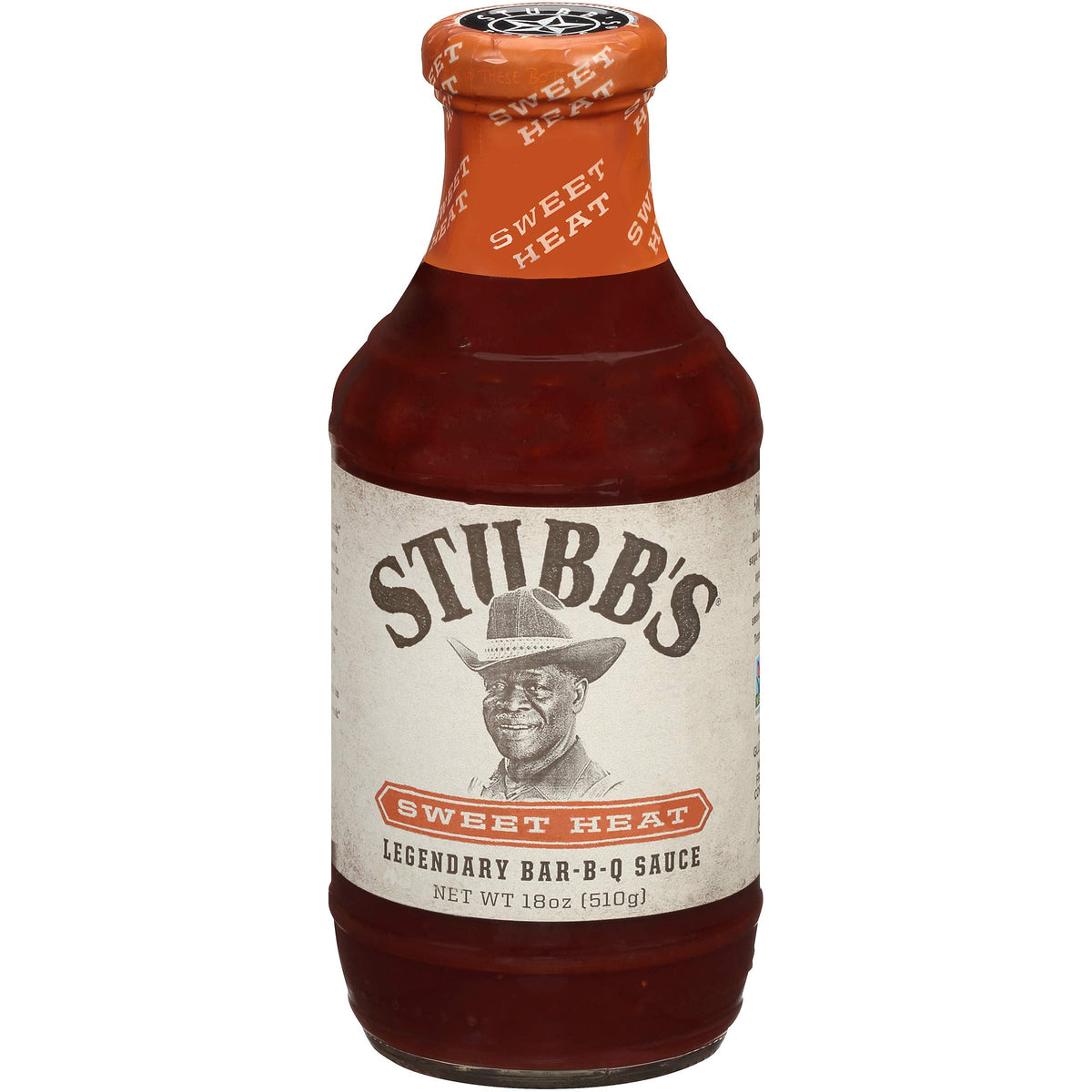 Stubb's bottle front label showing Sweet Heat flavor and 18 oz size benefit