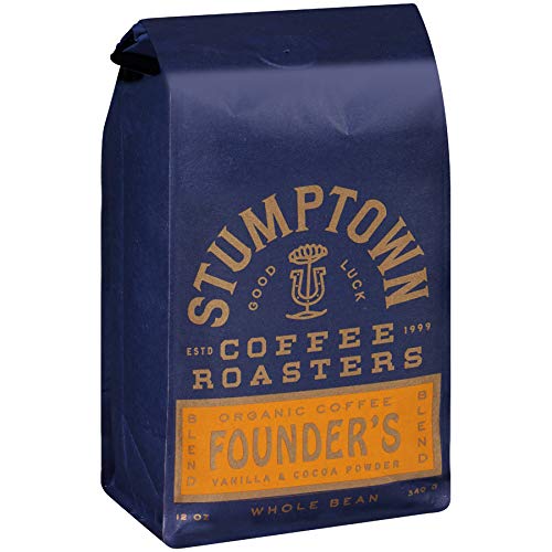 Top-down view of an open Stumptown bag revealing uniform whole beans, indicates consistency