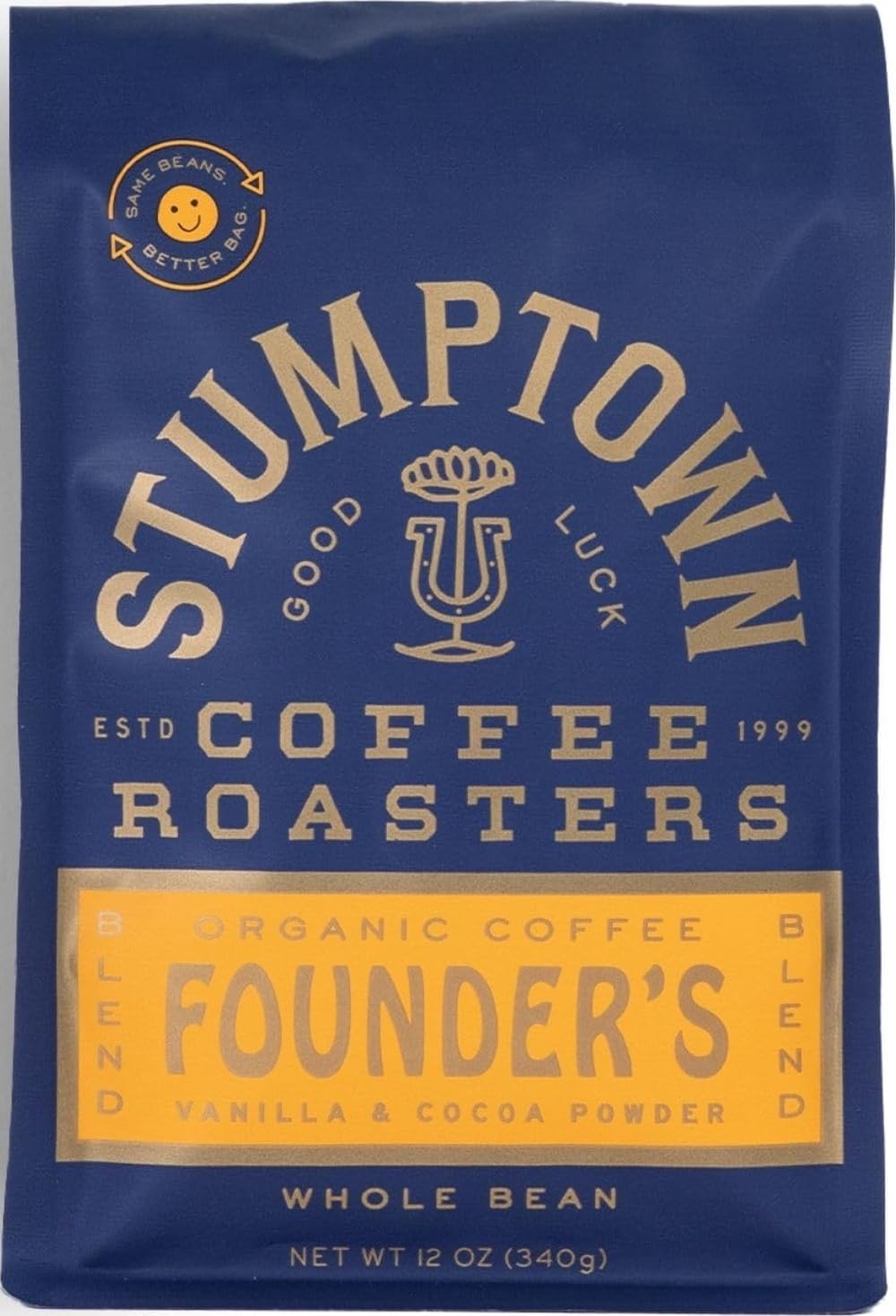 Stumptown Founder's Blend front bag view showing branding and size, assures quality