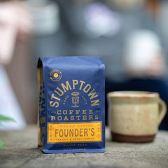 Stumptown Founder's Blend label detail highlighting origin and roast for trust