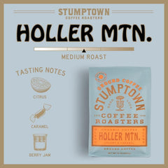 Stumptown closeup label highlighting roast and Direct Trade benefits