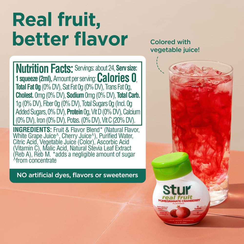 Stur bottle close-up label highlighting ingredients and vitamin C
