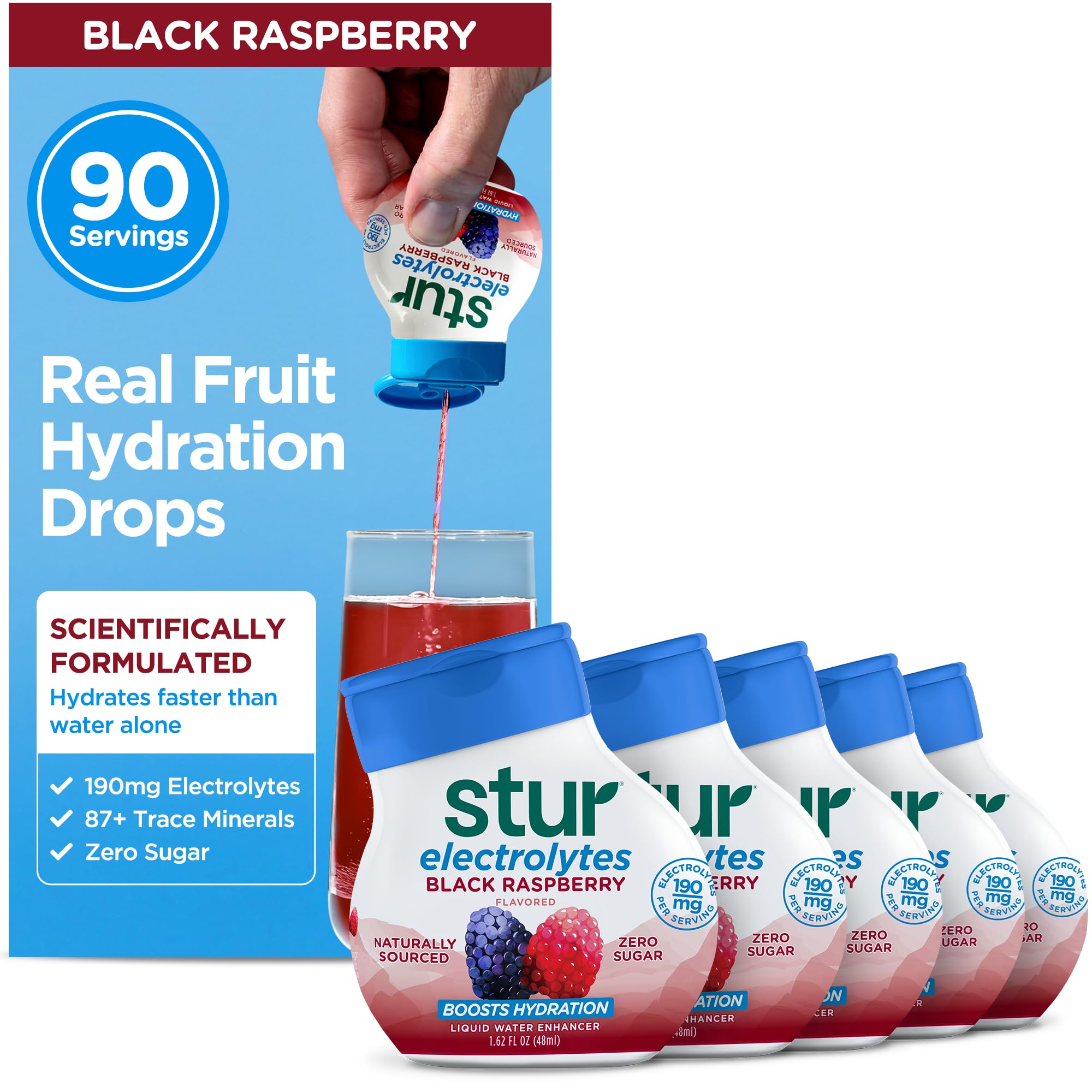 Stur Black Raspberry bottle front shows label and servings benefit