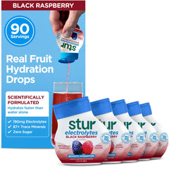 Stur Black Raspberry bottle front shows label and servings benefit