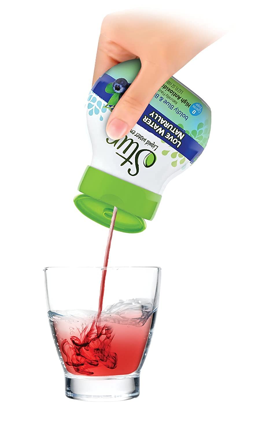 Stur bottle next to an 8oz glass illustrating yield and travel-friendly size