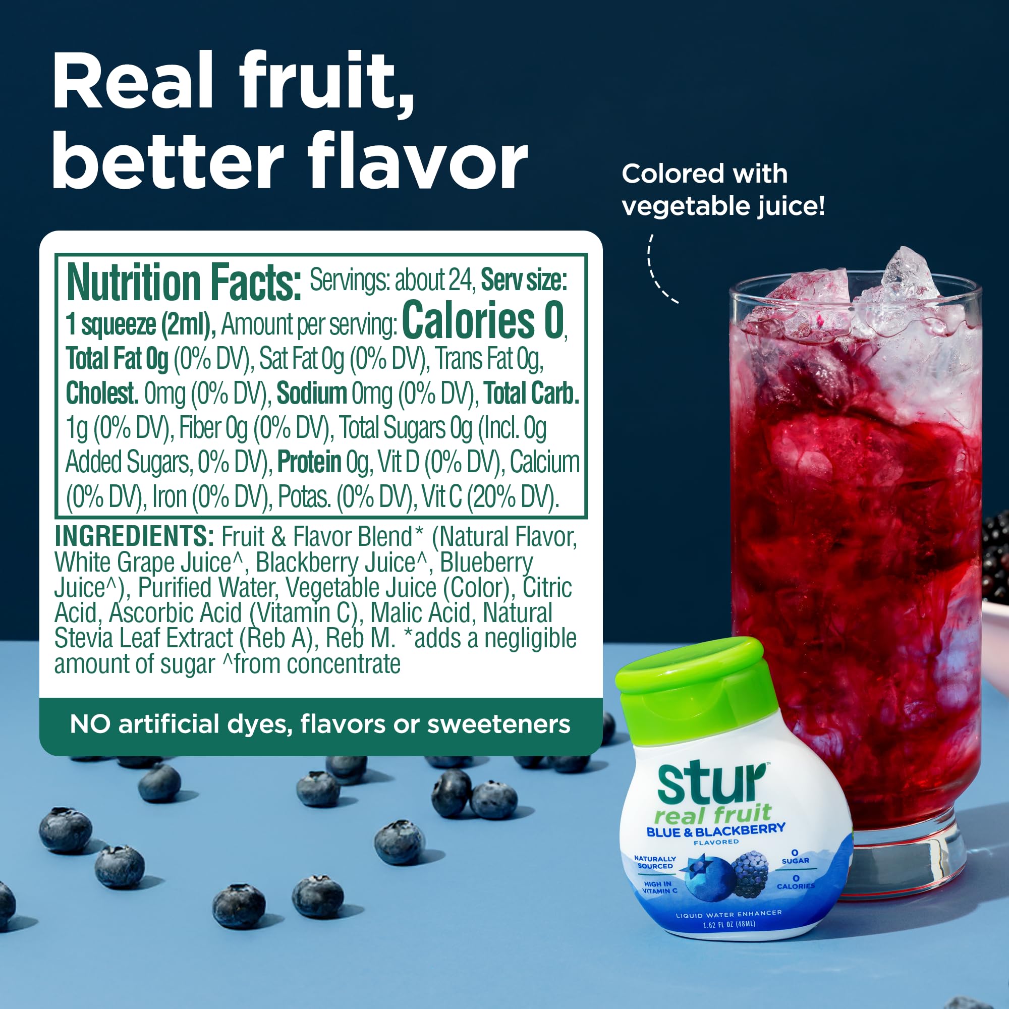 Close-up of Stur label highlighting vitamin C and zero sugar benefits