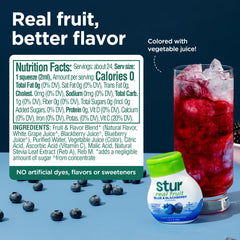 Close-up of Stur label highlighting vitamin C and zero sugar benefits