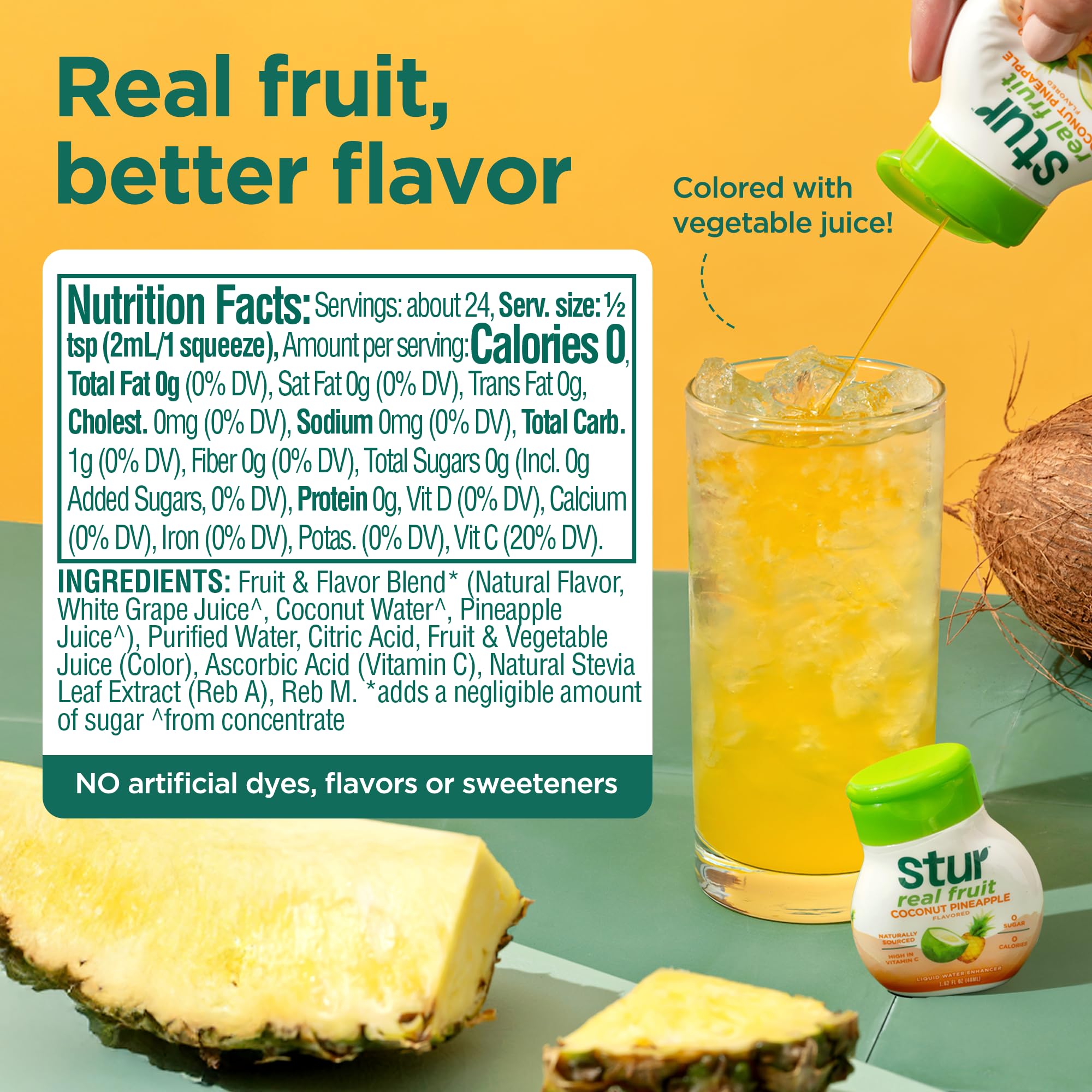 Close-up of Stur coconut pineapple label highlighting natural fruit extract benefit