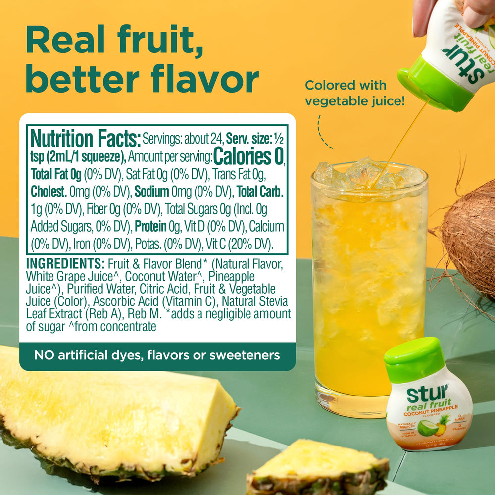 Close-up of Stur coconut pineapple label highlighting natural fruit extract benefit