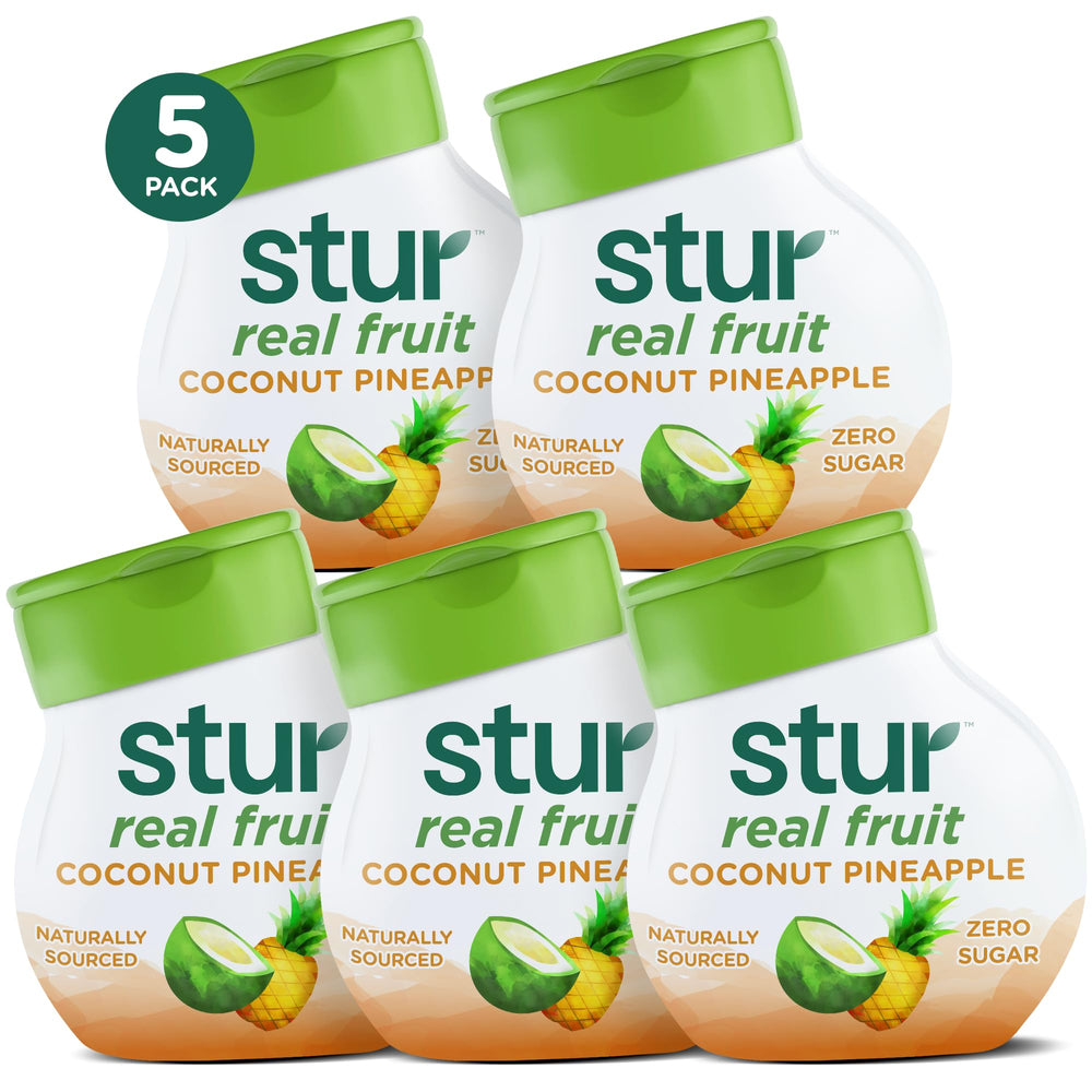 Stur coconut pineapple front packaging showing five bottles and tropical benefit