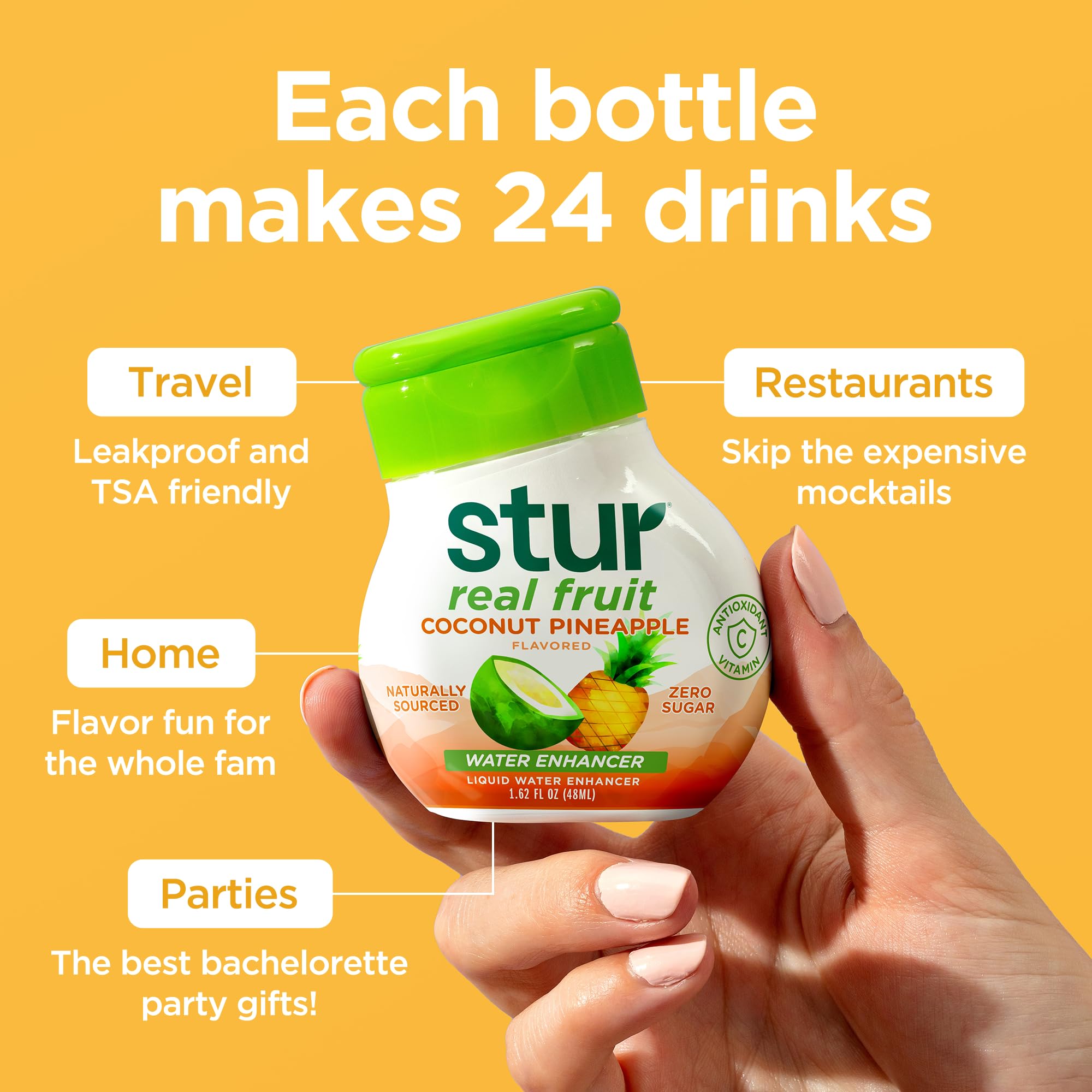 Stur bottle beside an 8 oz glass to show serving size and portability benefit