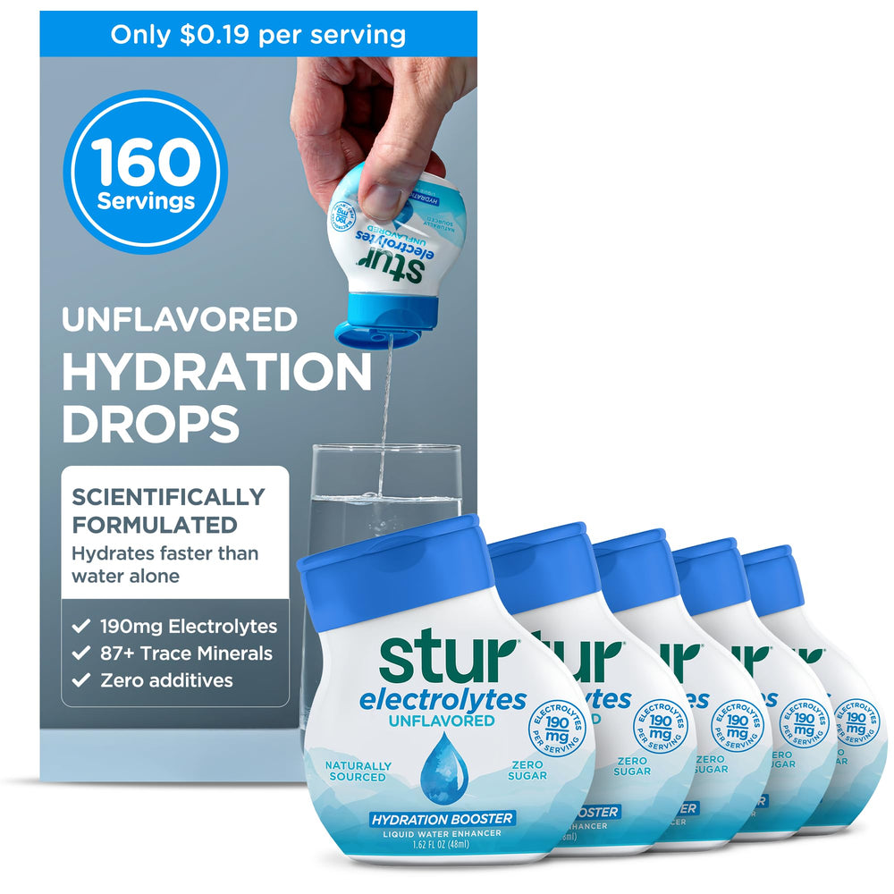 Stur front packaging five bottles showing compact travel hydration