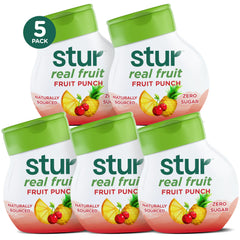 Stur front packaging showing five fruit punch bottles and clear benefit