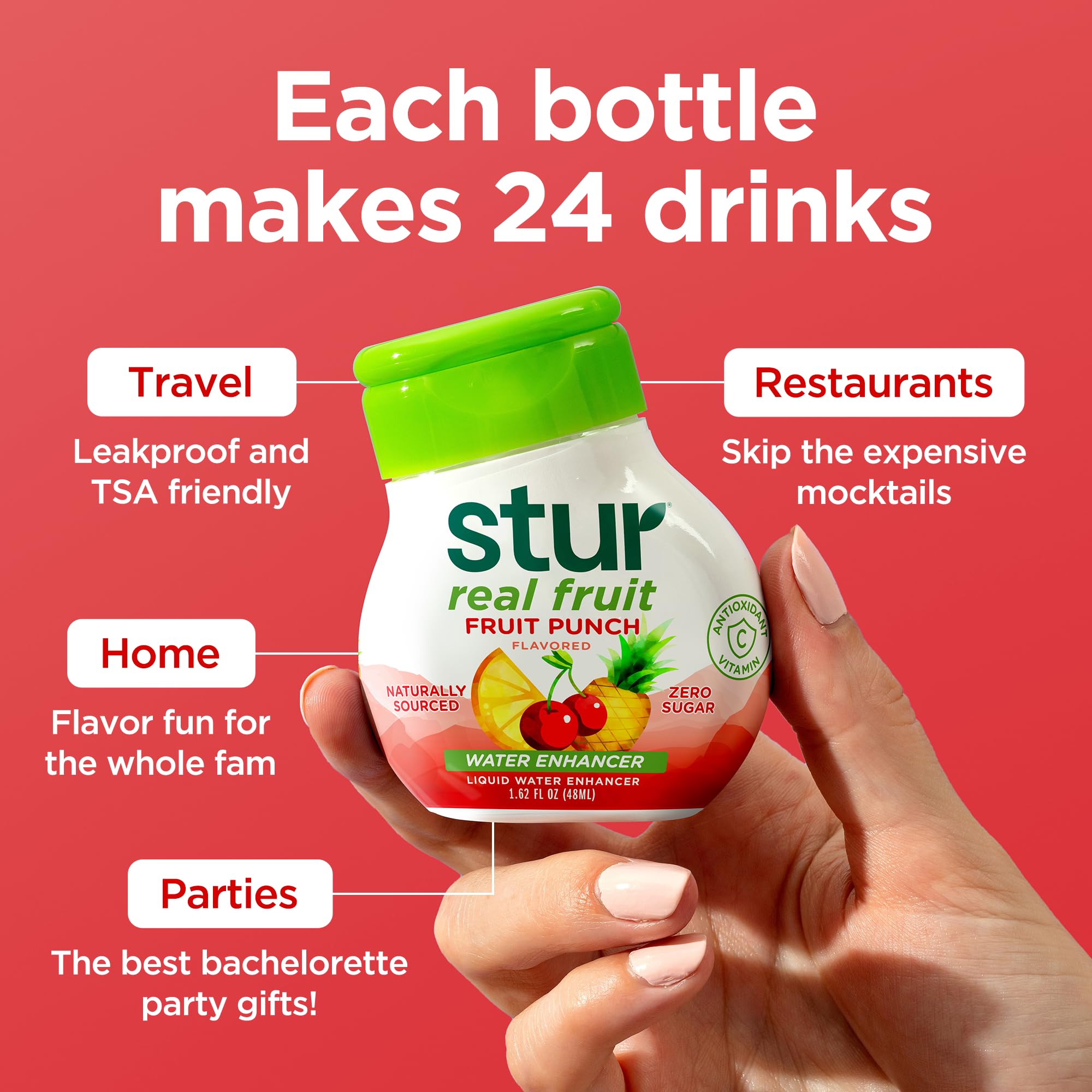 Stur bottle held in hand to show compact size and portability benefit