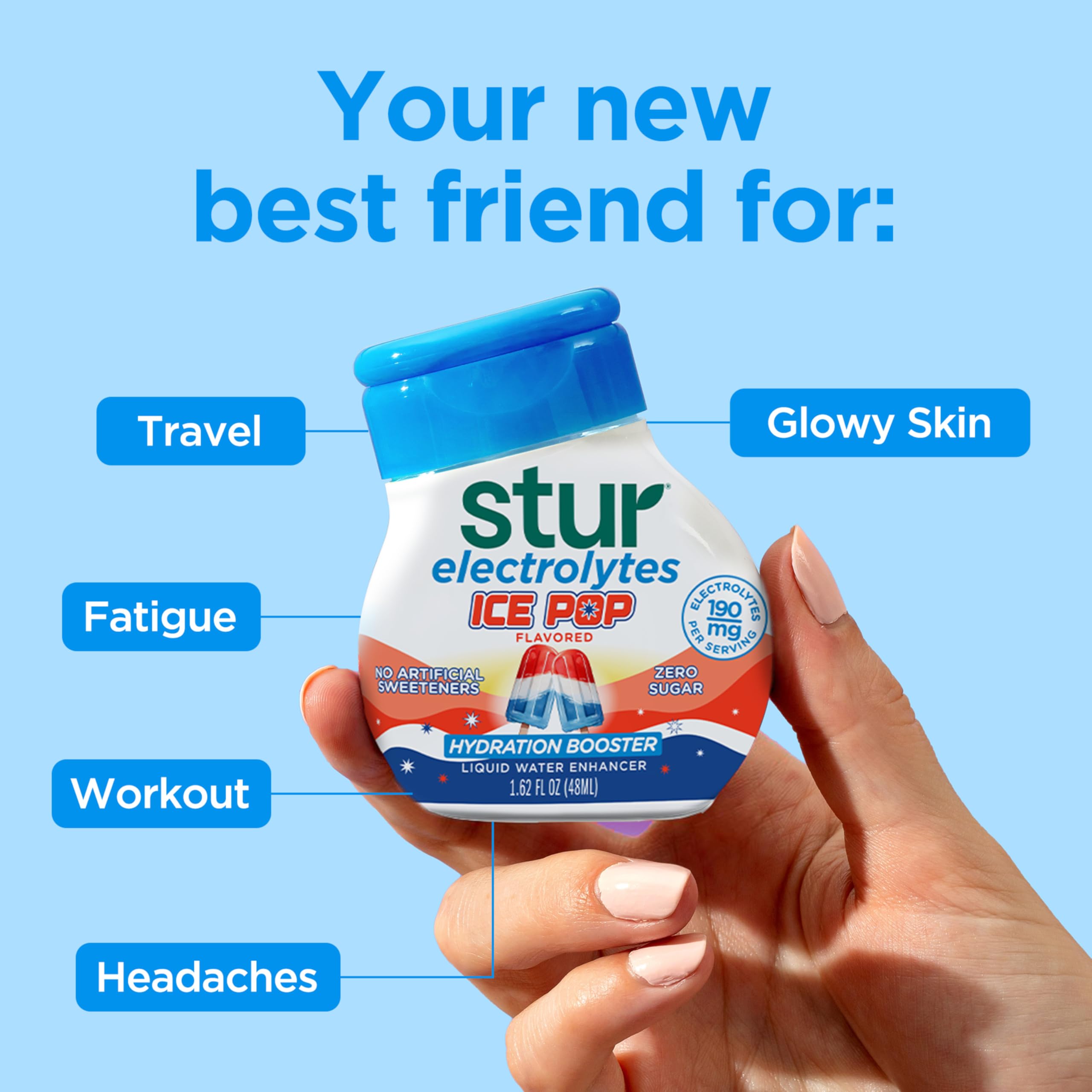 Stur pour action into a water bottle demonstrating fast, no-mess flavoring