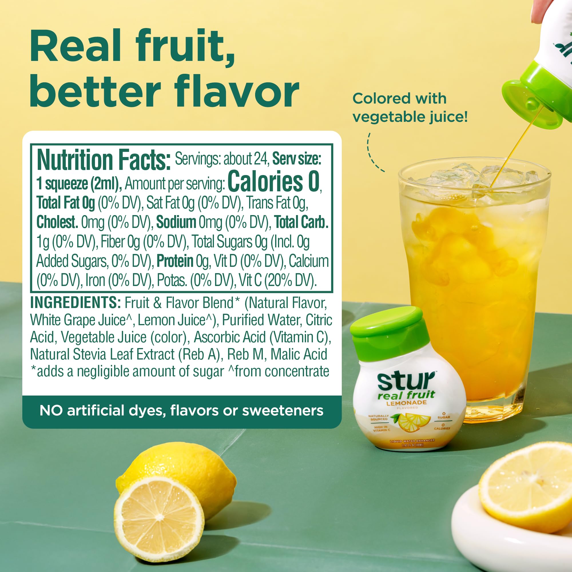 Stur bottle closeup label highlighting ingredients and vitamin C benefit