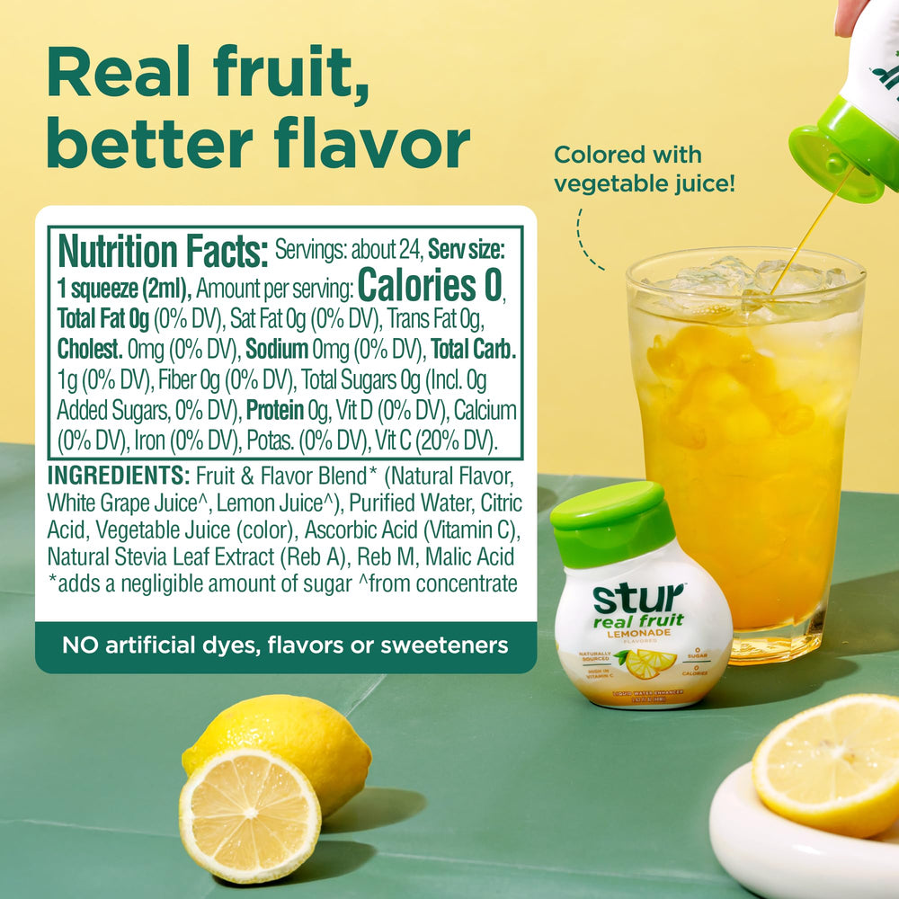 Stur bottle closeup label highlighting ingredients and vitamin C benefit