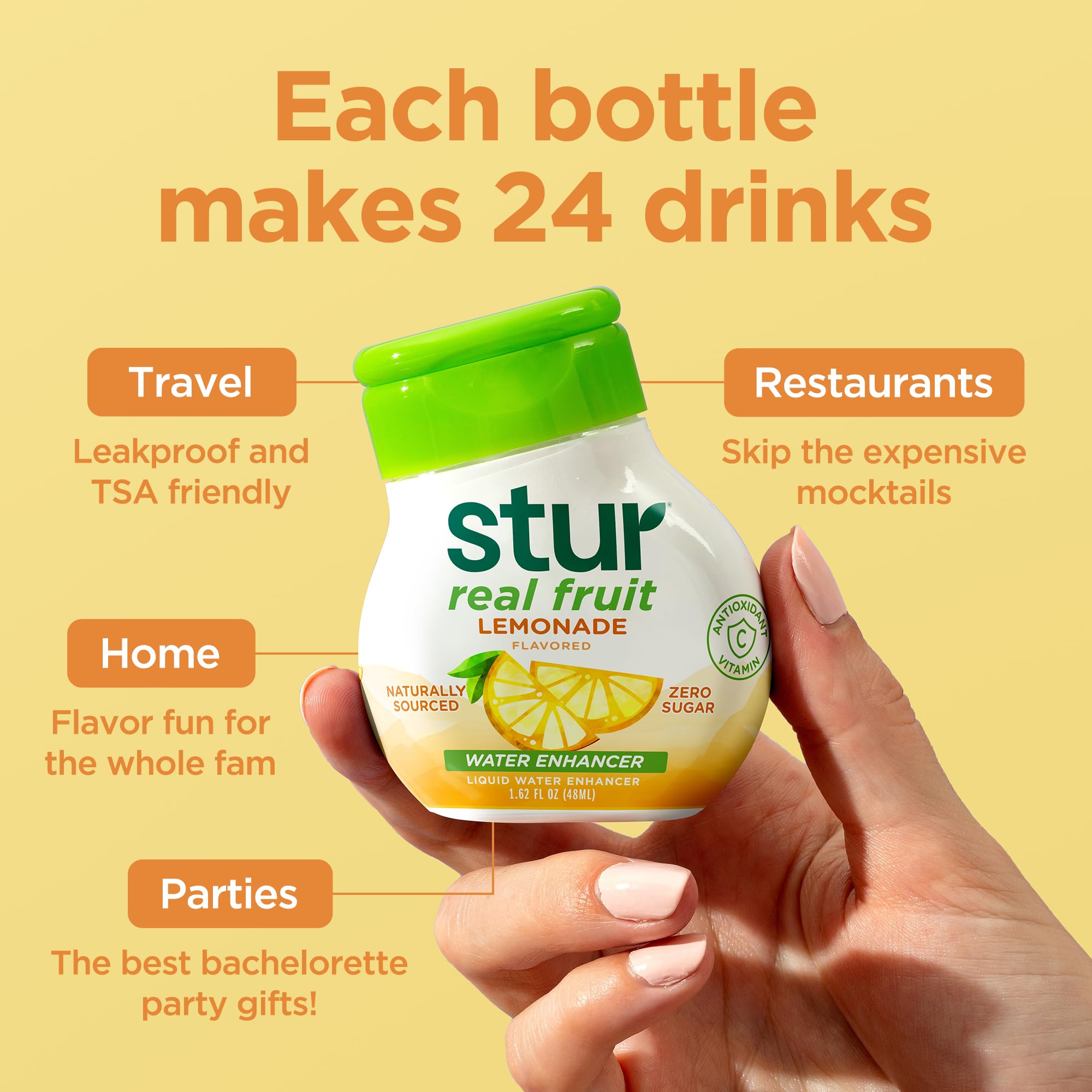 Stur bottle next to water bottle showing size and travel convenience
