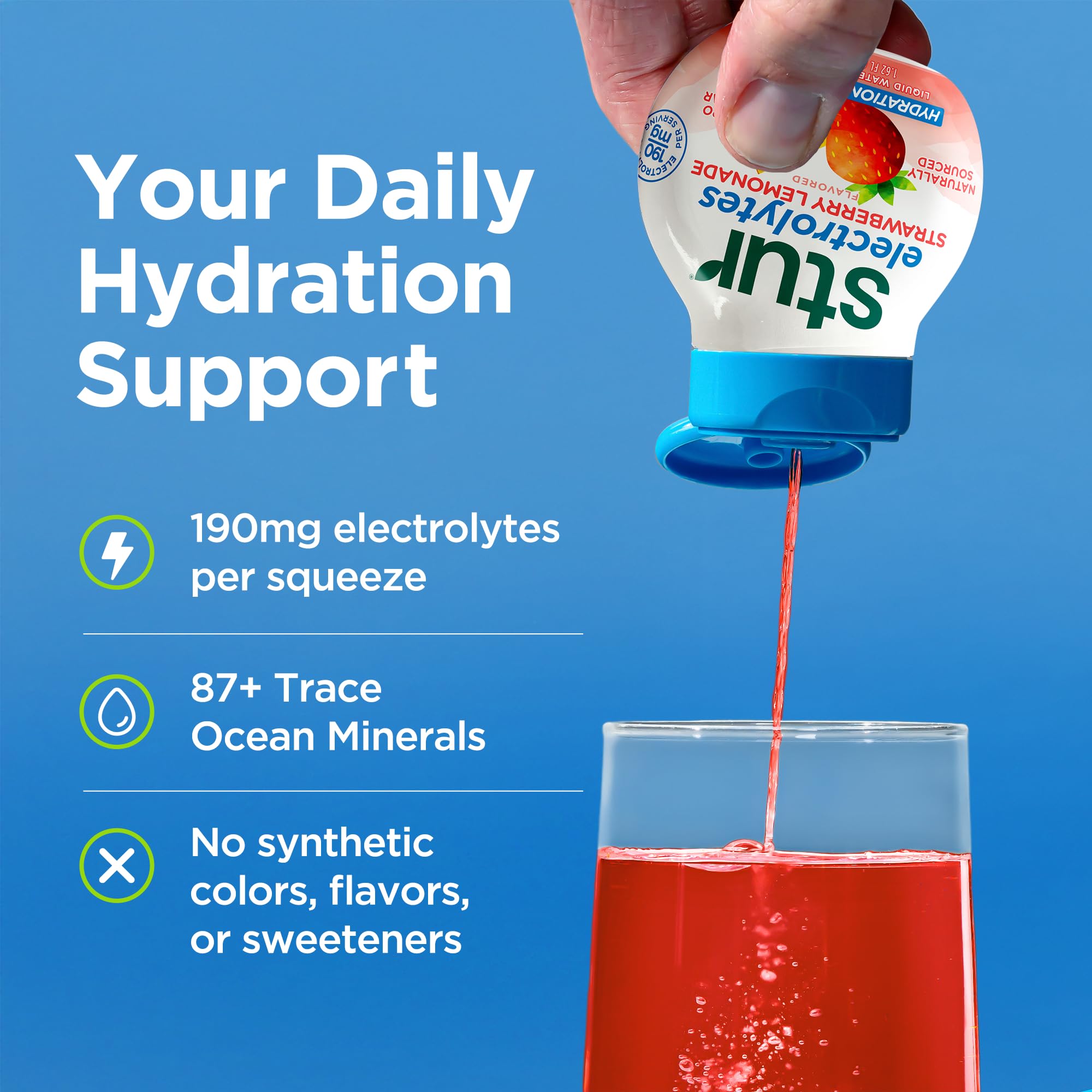Close-up of Stur dropper dispensing concentrate for quick mixing benefit