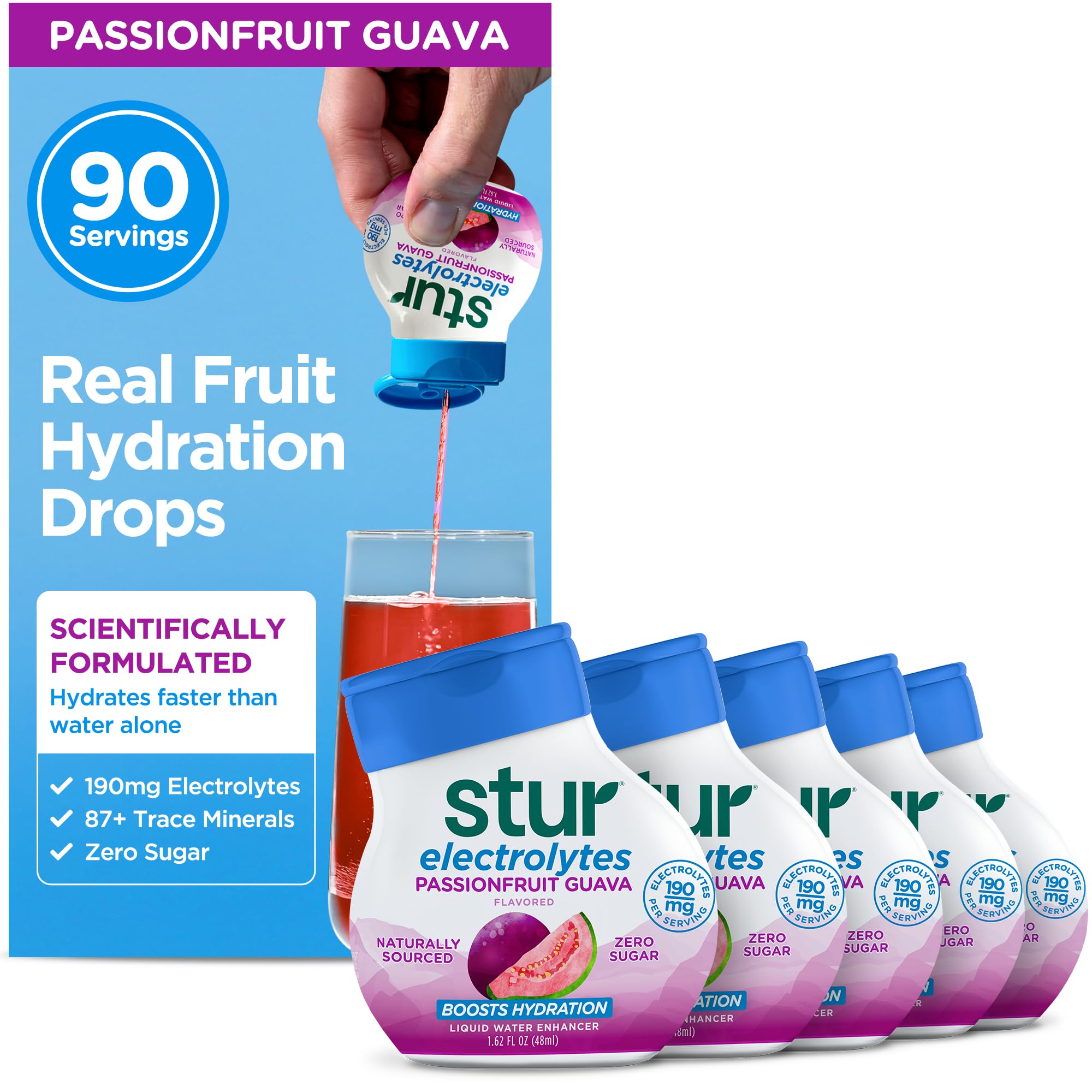 Stur bottle front packaging showing Passionfruit Guava flavor and benefits